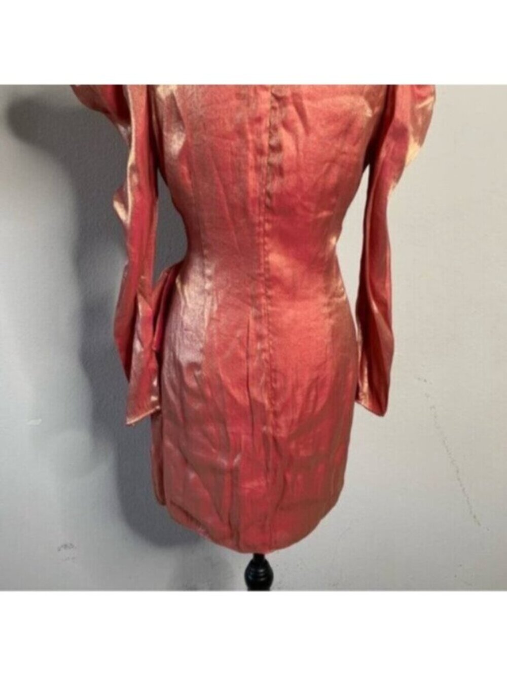 Elliatt Metallic Copper Gold Puff Shoulder Long Sleeve Wrap Mini Dress - Picture 12 of 15